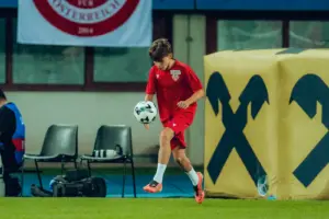 Der Frohnleitener Nachwuchskicker Daniel Zisser zeigt beim Gaberln sein Ballgefühl. Der junge Fußballer, der im Nachwuchs des Grazer AK spielt, gewann die ÖFB-Extrameilen-Challenge im Wiener Ernst-Happel-Stadion.