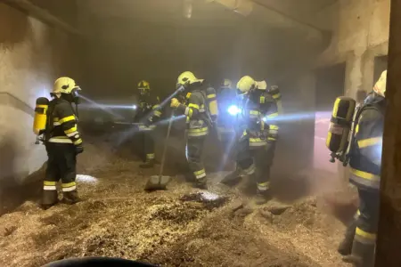 Mehrere Feuerwehrleute mit Atemschutzgeräten suchen und bearbeiten in einem stark verrauchten Hackschnitzellager Glutnester.