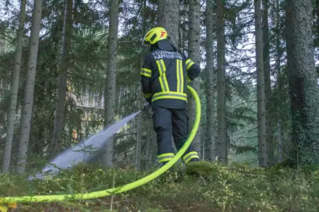 Einsatzübung der Feuerwehr in St. Marein Ein Feuerwehrmann bei Löscharbeiten im Wald