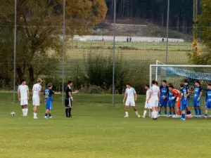 Viele Spieler stehen um den Ball.